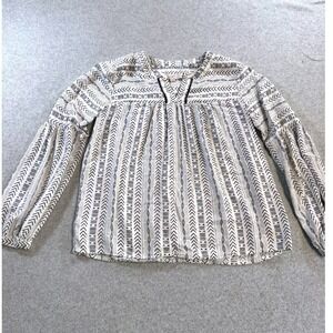 LOFT Blouse Womens XS White Black Excellent Geometric Tribal Beaded Boho Top